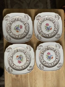 (4) Vtg Queen Anne Union Made Square Dessert Plate Saucer Warranted 22-K Gold - Picture 1 of 5