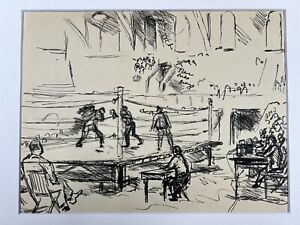 Depression Era Ink Drawing Men Boxing Painting Study Bruce Mitchell Vtg Art