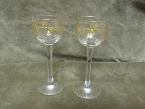 Saint- Louis Crystal Tall Stem Cordial Liqueur Glass Pair Gold Swag Bow & Rose - Picture 1 of 3