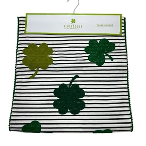 Shamrock Table Runner St Patricks Day Green Shamrock Embroidered Pom Pom Trim - Picture 1 of 5