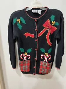 The Villager Vintage 1980s Christmas Bow Sweater Shoulder Pads Pockets Petite S - Picture 1 of 8