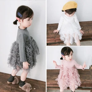 Spring Girls Solid Color Casual Knit Long Sleeve Puffy Tulle Skirt Cake Skirt - Picture 1 of 26
