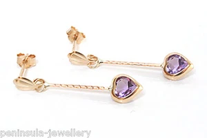 9ct Gold Amethyst Heart drop Earrings Made in UK Gift boxed - Picture 1 of 4