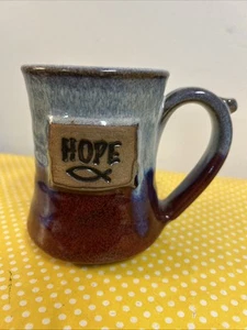 ALewine Pottery Mug Cup “Hope” Christian Fish Signed & Dated 2012 Blue Brown - Picture 1 of 12
