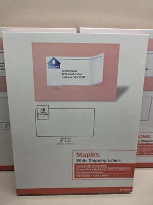 New, Sealed, Staples White Shipping Labels, Laser/Inkjet, 100 Sheets/1000 Labels - Image 1 of 4