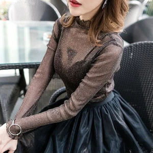Women's Sexy Hot Mesh Shirt Lace Seethrough Tops Blouse in Black Color - Picture 1 of 19