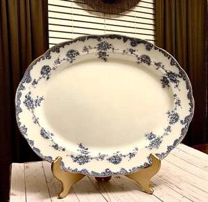 Beautiful Antique Oval Platter Montague Bisto England Blue & White Gold Trim 18” - Picture 1 of 12