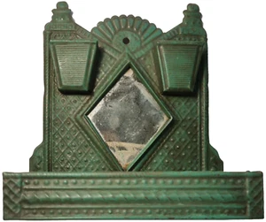LATE 19TH C VICTORIAN ANTIQUE TIN MATCH HOLDER, SHAVING MIRROR W/COMB, RAZOR BIN - Picture 1 of 11