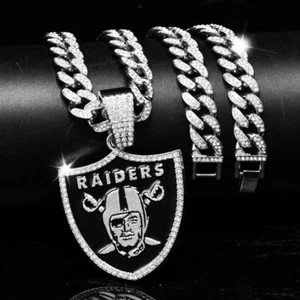 RAIDERS Schild Hip Hop Eis Anhänger & 20" Kubanische Zirkonia Kette Halskette - Bild 1 von 12
