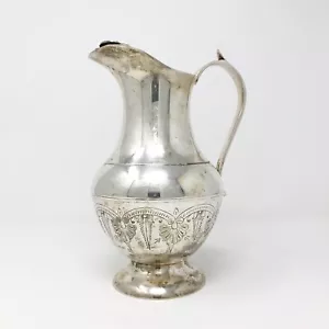 Vintage Silver Plate Water Pitcher With Ice Lip Engraved Floral Panel Mark EPNS - Picture 1 of 12