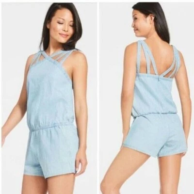 Fabletics Liza Chambray Blue Romper M - Image 1 of 4