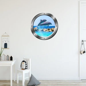 Dolphins Breaching Peel and Stick Silver Porthole Vinyl Wall Decal VWAQ - SP27 - Picture 1 of 5