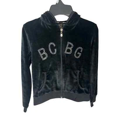 Sudadera con capucha BCBGMaxAzria para niñas negra plateada adornada cremallera completa juvenil talla 10 Foto 1 de 4