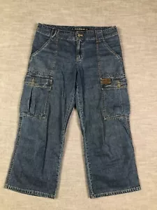 DKNY Jeans Womens 8 Blue Cargo Pants Wide Leg Y2K Denim Vintage Dark Wash - Picture 1 of 11