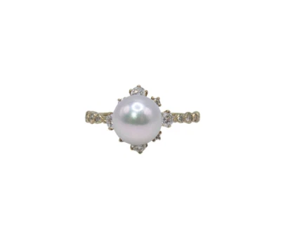 18K Yellow Gold White Cultured Pearl & Diamond Cluster Band Cocktail Ring - Image 1 of 4