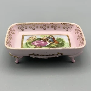 Plato de baratija de jabón con patas de cortejo vintage de cerámica dorado victoriano - Imagen 1 de 11