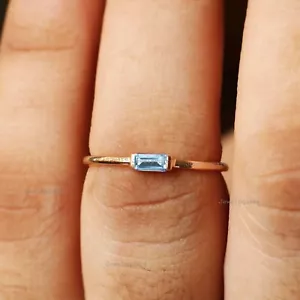 Solitaire Baguette Shape Aquamarine Plain Band Ring 14K Yellow Gold New Jewelry - Picture 1 of 2