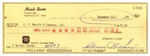 HANK SNOW Signed AUTOGRAPH on PERSONAL BANK CHECK to C F MARTIN Guitar Company - Picture 1 of 2