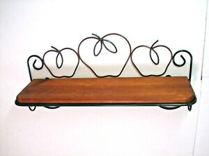 Vtg wrought iron & wood wall hanging shelf rack green red apples scroll kitchen