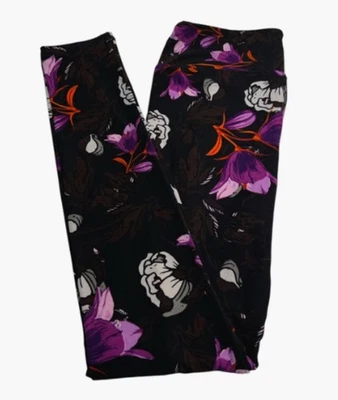 LuLaRoe Leggings OS One Size AUTUMN Fall BLACK BROWN PURPLE Abstract Flower Soft - Image 1 of 4