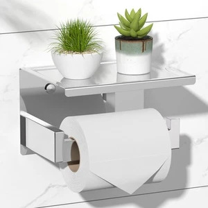 Toilet Paper Holder with Shelf, Stick on Chrome Tissue Roll Holder Self Adhes... - Picture 1 of 3