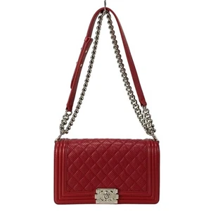 Auth CHANEL Boy Chanel / Matelasse A67086 Red Lambskin Shoulder Bag - Picture 1 of 20