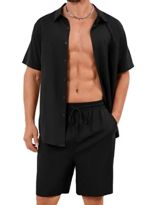 Men Cotton Linen Sets Outfits 2 Piece Summer Short Sleeve Shirt and Shorts Se... - Picture 1 of 6