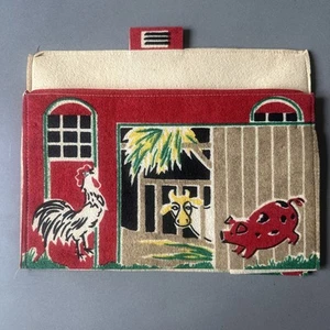 Vintage MCM Filz Scheune Kuh Schwein Hahn & Henne mit Strass Toaster Abdeckung - Bild 1 von 11
