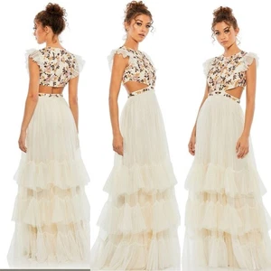 Mac Duggal Embroidered Bodice Cap Sleeve Ruffle Tiered Gown - Picture 1 of 16