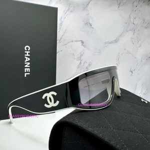 New CHANEL Sunglasses Black White Shield Runway CC Logo Limited Authentic Italy - Picture 1 of 22