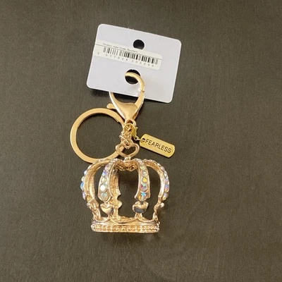 Crown Gold Tone Rhinestone Embellished Fearless Charm Keychain Keyring - Image 1 of 4
