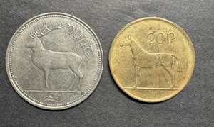 1990 Ireland 1 Punt (Pound) 1986 20 Pence - Red Deer - Irish Harp Coin Lot Of 2 - Picture 1 of 2