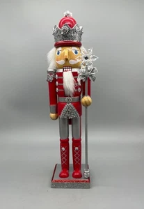Red & Silver King Nutcracker with Crown & Staff – 15” Wooden Christmas Holiday D - Picture 1 of 5