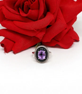 Anillo de plata esterlina amatista ónix y diamantes talla 9 6,41 g CAT RESCUE Foto 1 de 2