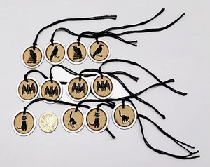 12-Halloween-Primitive-Metal Rim-Cats-Bats-Crows-Ravens-Gift-Hang-Tags - Picture 1 of 1
