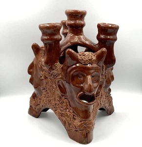 Vintage Ukraine Opishnya oposhnya 3 Gesicht Teufel Mephistopheles 4 Kerzenhalter - Bild 1 von 6