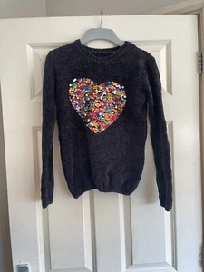 George Sequin Heart Colour Change Grey To Colourful Jumper Top Black 10-11 Years - Picture 1 of 9