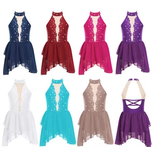 Kids Girls Lyrical Dance Costume Rhinestone Mock Neck Open Back Sleeveless Dress - Picture 1 of 61