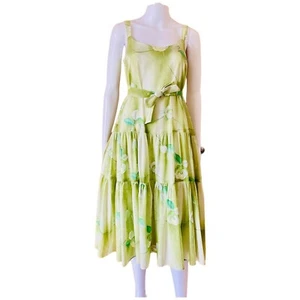 Vintage Allen Gar Tiered Womens Dress Size 10 Green Floral Cotton Mid Length - Picture 1 of 13