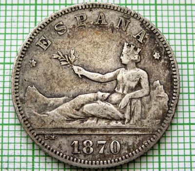 SPAIN PROVISIONAL GOVERNMENT 1870 2 PESETAS, SILVER - Image 1 of 4