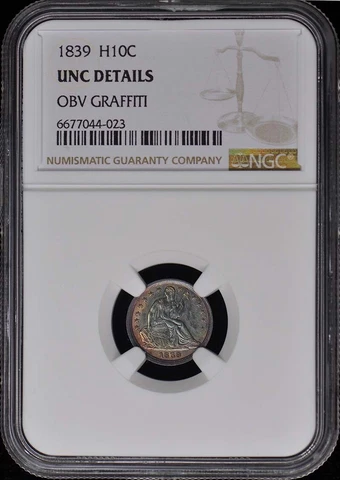 1839 No Drapery - Seated Liberty Half Dime H10C NGC UNC Details Cover