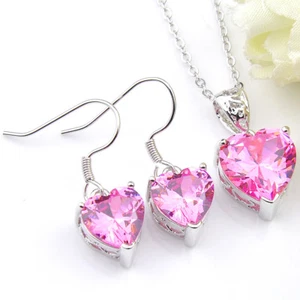 Engagement Heart Jewelry Set Heart Pink Topaz Silver Pendants Necklaces Earrings - Picture 1 of 9