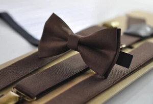 Brown Cotton Bow tie bowtie + Elasitc Suspenders Braces for Men Boy Baby Kids - Bild 1 von 15