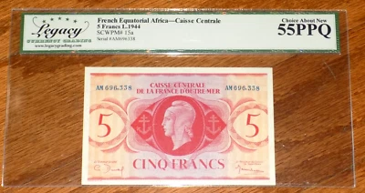 French Equatorial Africa 5 Francs 1944 Pick-15a Legacy 55PPQ ABOUT UNC BANKNOTE - Image 1 of 4