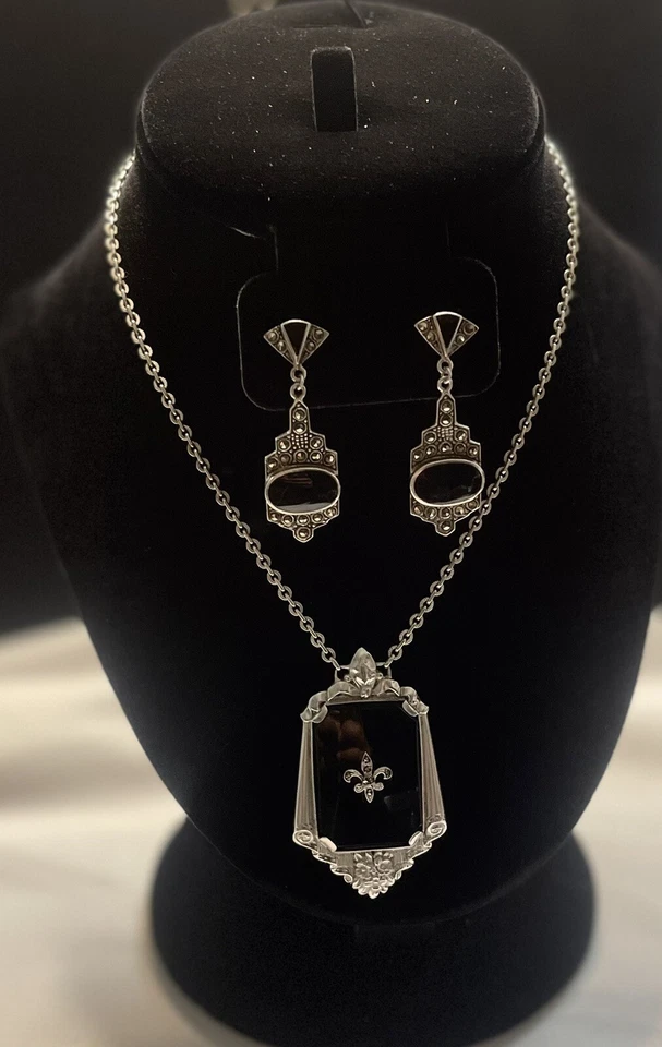 Vintage Onyx Marcasite Earrings And Necklace, Sterling Silver, Art Deco Set - Image 1 of 4