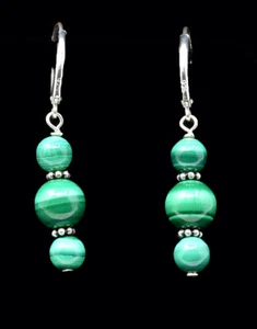 .925 Bali Sterling Silver W/AA Grade Genuine Malachite, Leverback Earrings! - Picture 1 of 1