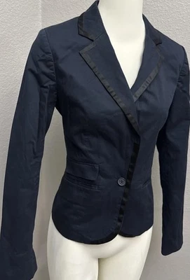 American Eagle Women One Button Satin Trim Notch Lapel Fitted Blazer Navy Small - Image 1 of 4