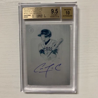 2014 Bowman Inception Carlos Correa Auto Printing Plate Cyan 1/1 BGS 9.5 Auto 10 - Image 1 of 4