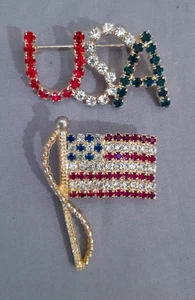 Vintage Strass Flagge & USA Anstecknadel Brosche rot weiß & blau patriotisch 1 3/4 Zoll - Bild 1 von 6