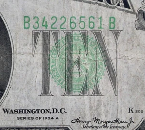 $10 1934A Mule Federal Reserve Note B34226561B ten dollar series A, bp558, NY - Picture 1 of 4